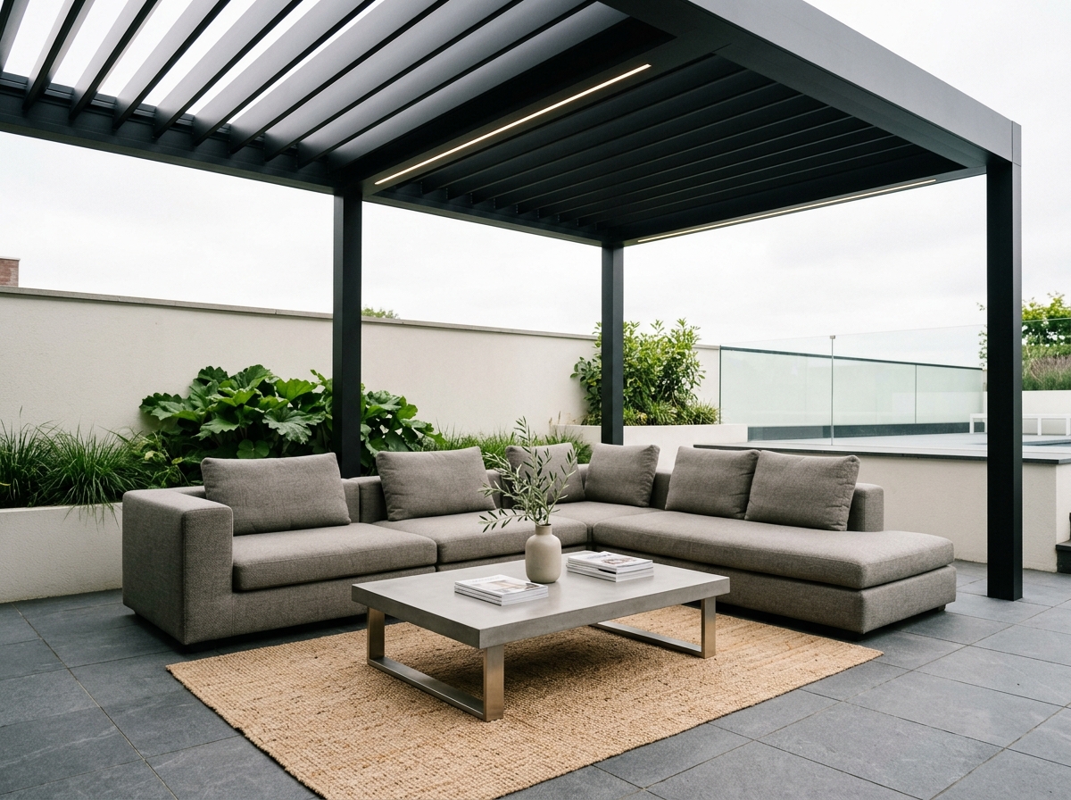Achtertuin heraangelegd met loungehoek — Loungehoek onder overkapping
