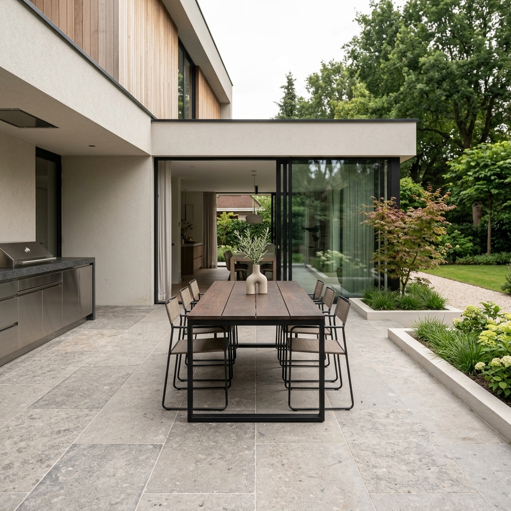 Achtertuin heraangelegd met loungehoek — Eetterras bij de woning