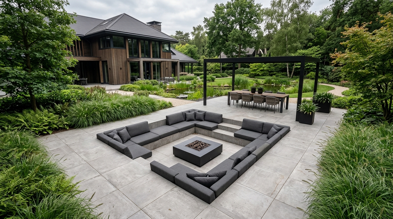 Luxe loungeterras met keramische tegels