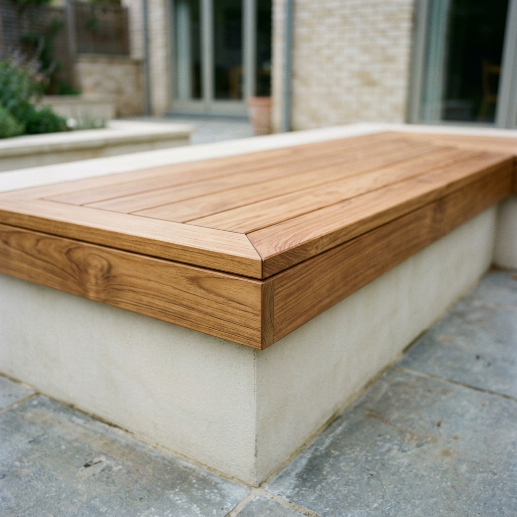 Verhoogd hardhouten terras — Ingebouwde zitbank