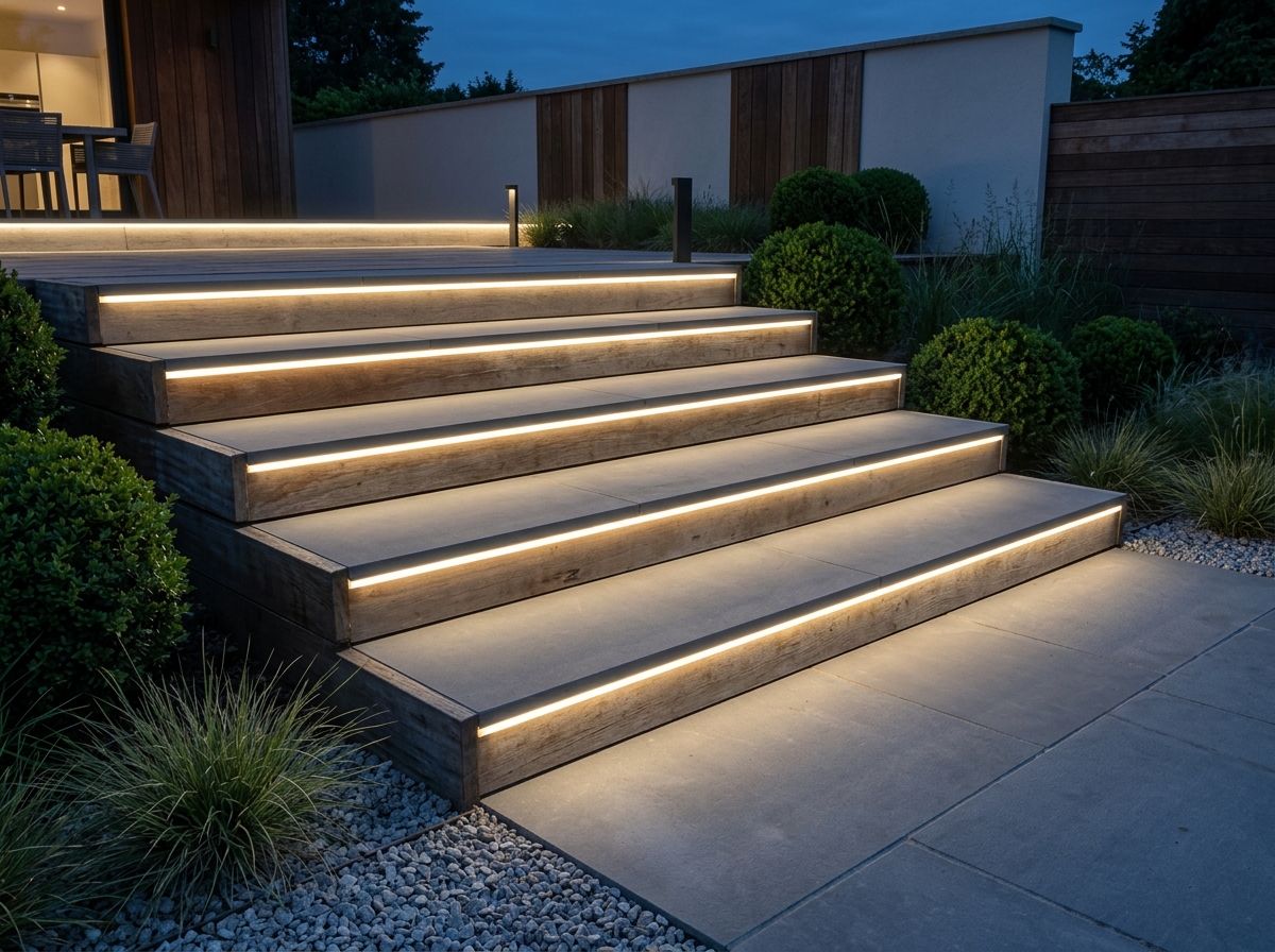 Verhoogd hardhouten terras — Trap met verlichting