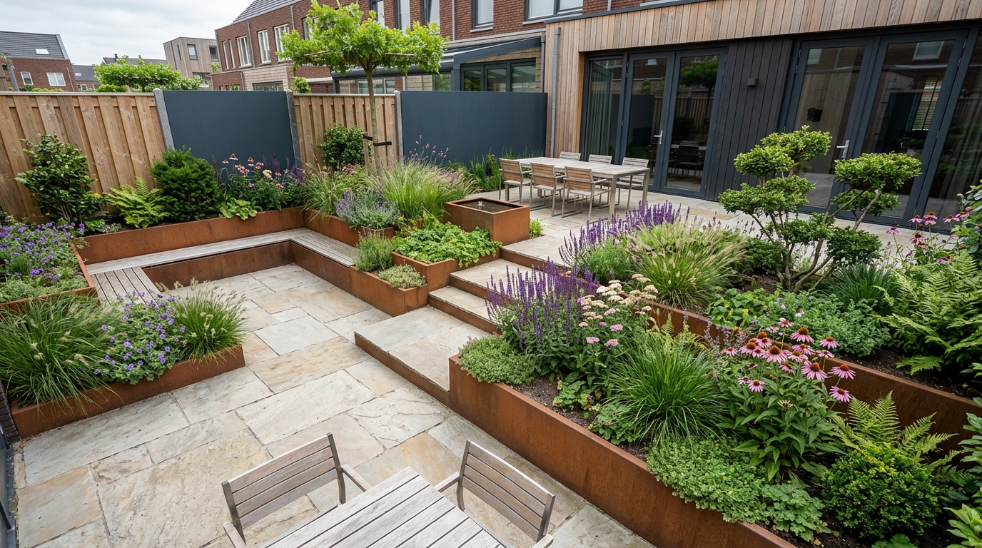 Strakke stadstuin met natuursteen terras — Overzicht terras en beplanting