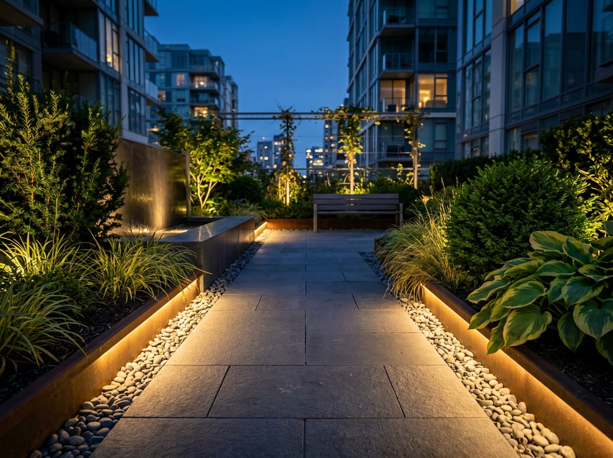 Strakke stadstuin met natuursteen terras — Avondsfeer met verlichting
