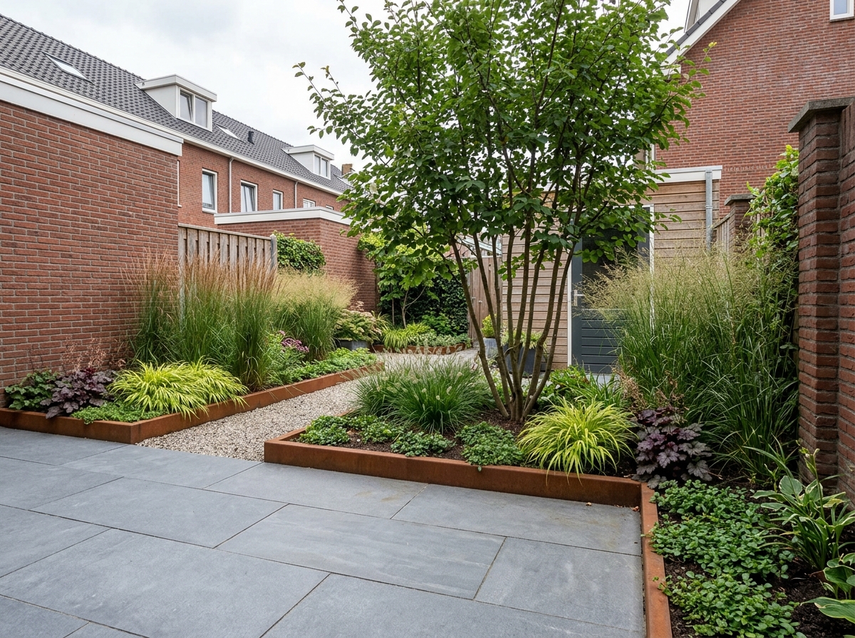 Strakke stadstuin met natuursteen terras