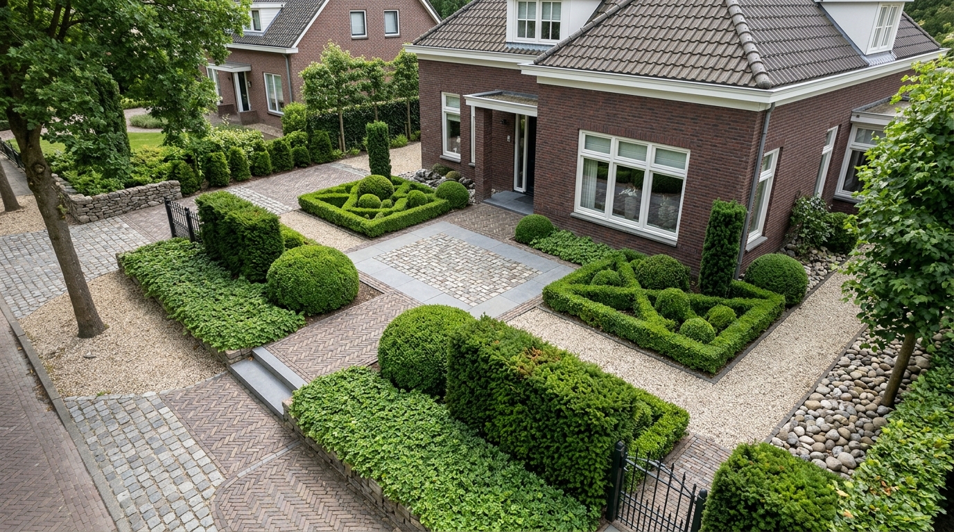 Onderhoudsarme voortuin met sierbestrating — Overzicht voortuin