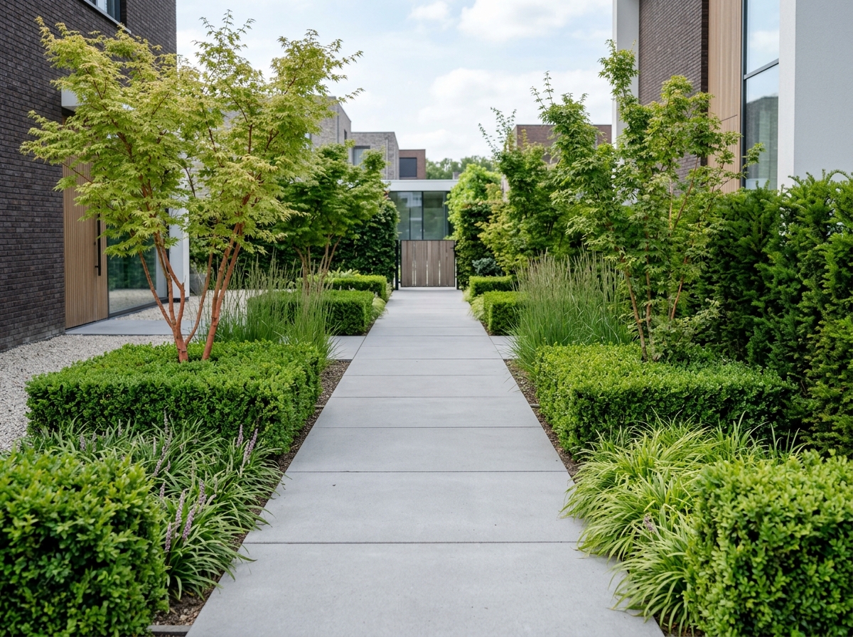 Onderhoudsarme voortuin met sierbestrating — Entree met beplanting