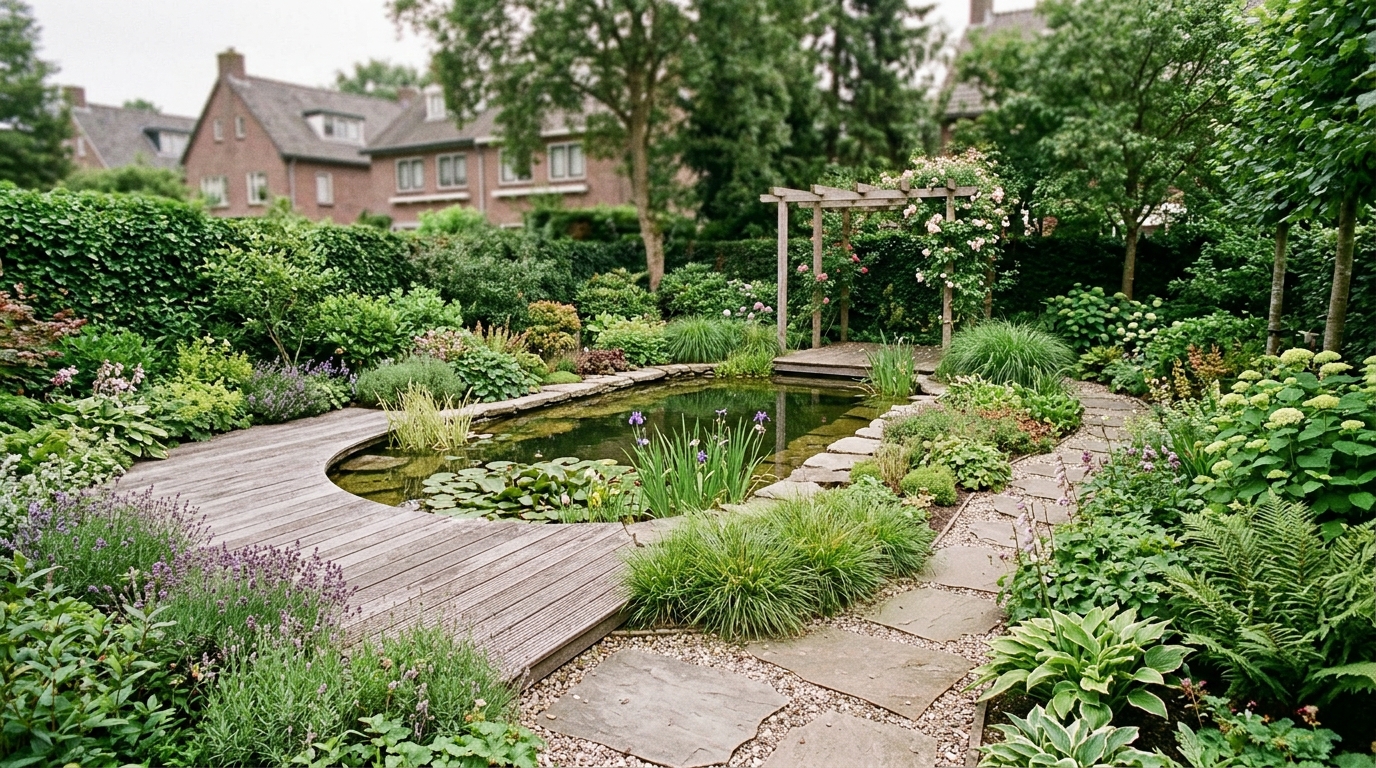 Complete tuinrenovatie met vijverpartij — Overzicht na renovatie