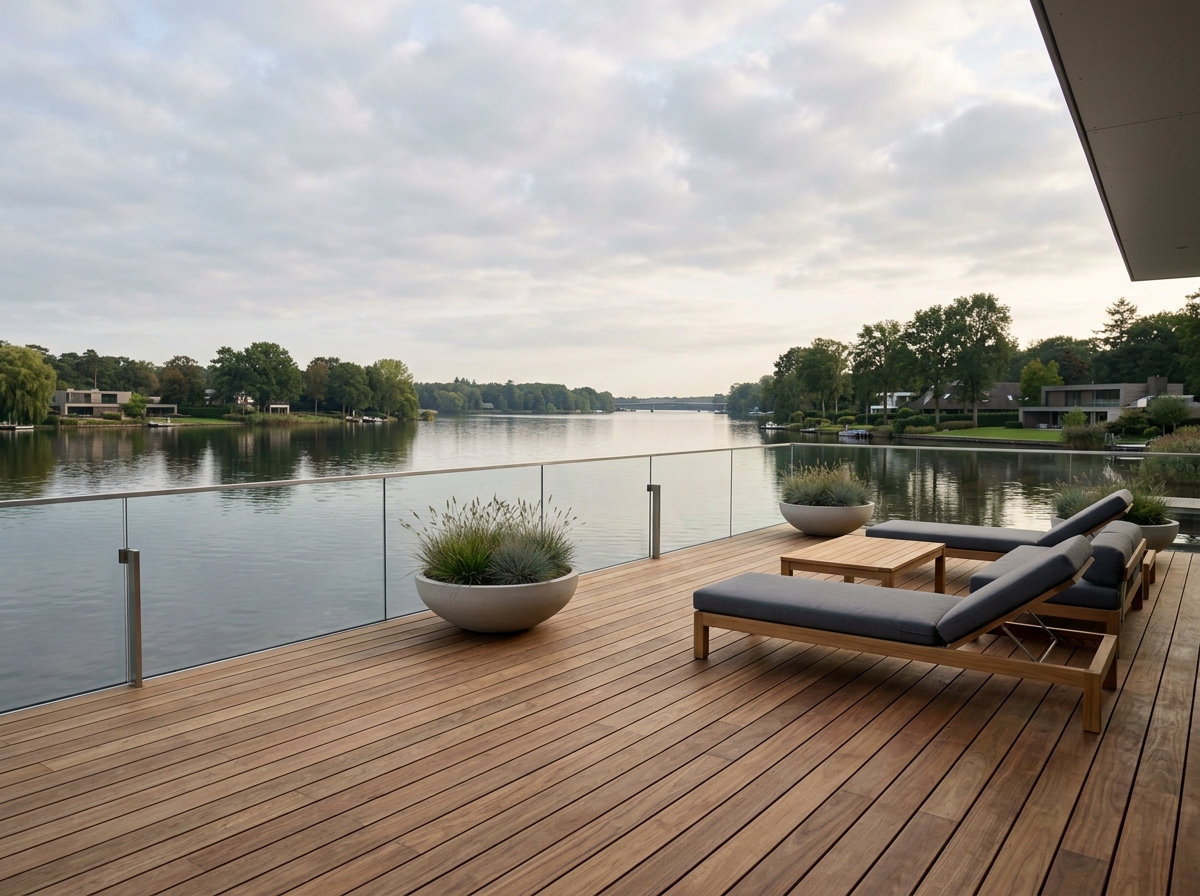 Complete tuinrenovatie met vijverpartij — Hardhouten vlonder